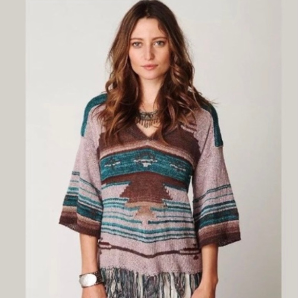 Free People Navajo Dune sweater w/ fringe- Aztec print hoodie pullover S